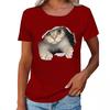 2024 Spring/Summer Women's Crew Neck Ripped Cat Graphic Loose Short Sleeve T-shirt.