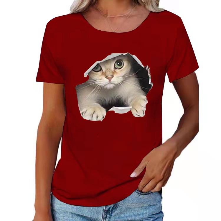 2024 Spring/Summer Women's Crew Neck Ripped Cat Graphic Loose Short Sleeve T-shirt.