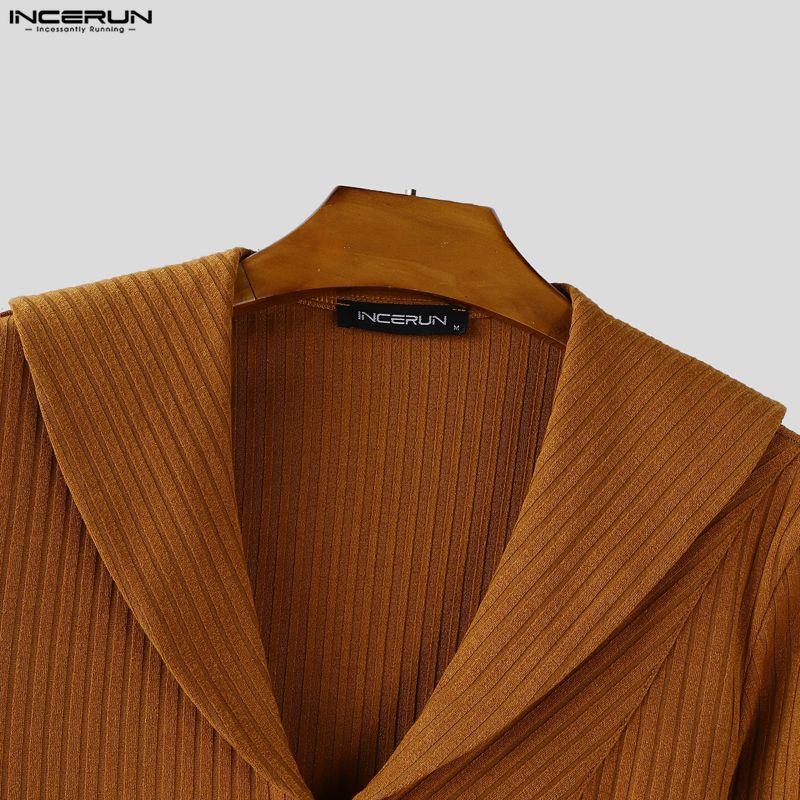 INCERUN Autumn Men Lapel V Neck Long Sleeve Long Layers Rib Casual Tops Pullovers