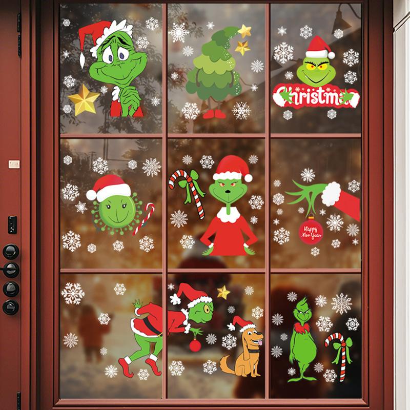 Green Christmas Character Electrostatic Stickers, Decorative Glass Window Stickers, Window Display Atmosphere Stickers