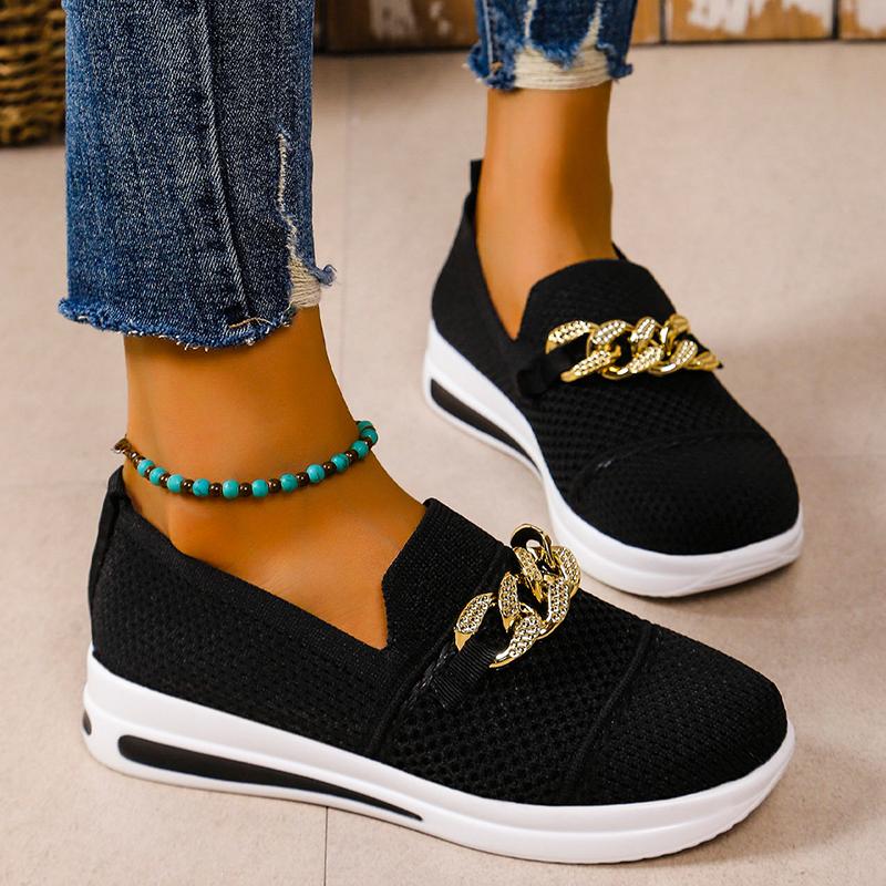 Fashion Rosy Red Mesh Breathable Knitted Sneakers Women Chain Decor Lightweight Slip On Walking Shoes Woman Comfy Soft Sole Casual Shoes