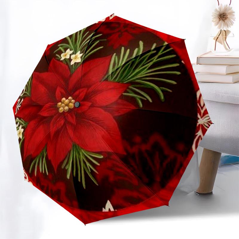 1pc Christmas, Poinsettia, Festive Umbrella with Plastic Handle,Compact & Stylish,Suitable for All Seasons YS331025