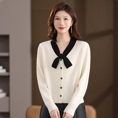 Damen 100% Wolle Strickjacke mit Schleifenkragen