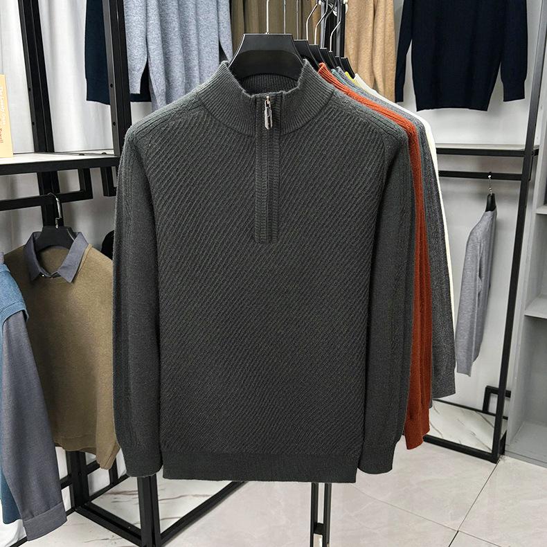 Men's Thickened Zipper Knit Sweater - Half-High Neck Warm Winter Knitwear