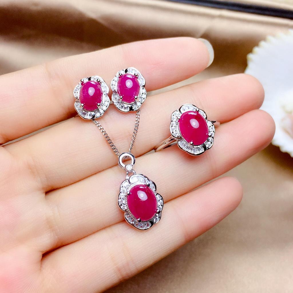 925 Silver Stud Earrings & Ring+Pendant Set: 18K White & Rose Gold Plated. Available in 6x8, 7x9, and 8x12 sizes for Women.