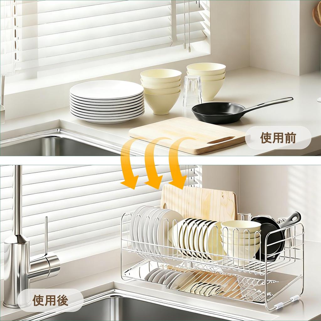 Forinluv Égouttoir à Vaisselle Fin Acier Inoxydable Grand Drainage d'Eau Automatique 41 x x Facile Cuisine Argenté Étagère, Acier, Au-dessus de l'Évier, Capacité, Inoxydable, Plateau,