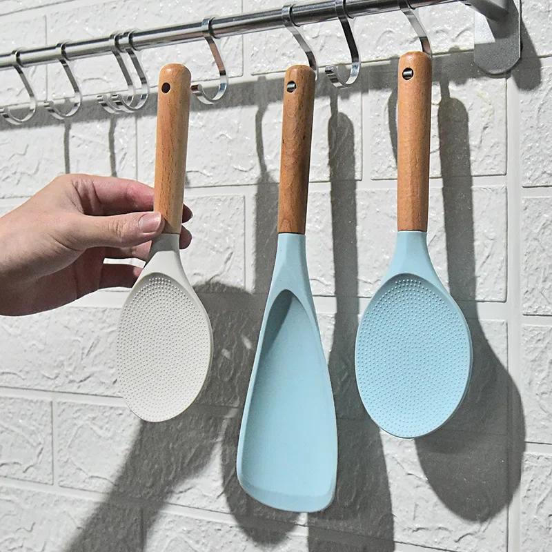 Cuchara Pala de Arroz de Silicona Utensilios de Cocina con Mango Largo de Madera para el Hogar Antiadherente Espátula Grande para Cocinar Cucharón Gadgets de Cocina