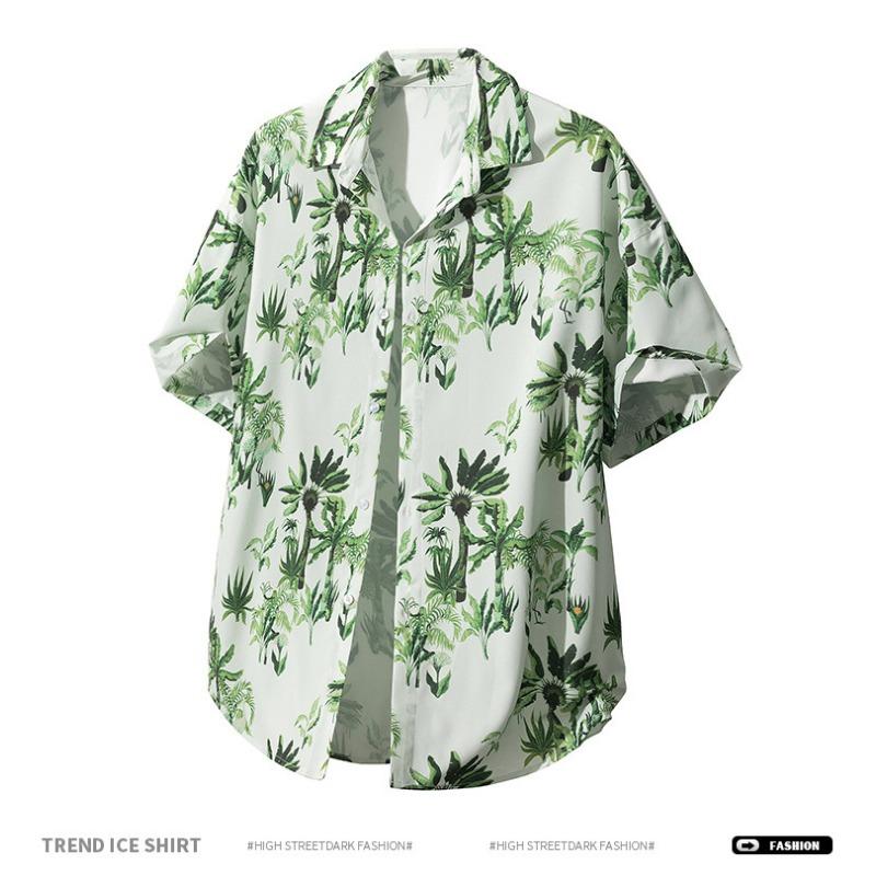 Men's Oversized Palm Tree Print Short Sleeve Shirt - Green Hawaiian Casual Button Down Top