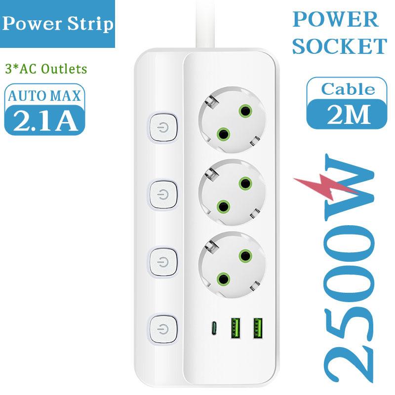 

EU Plug Smart Power Strip Independent Control AC Outlets Extension Cord Electrical Socket With USB Type-C Ports Socket Adapter