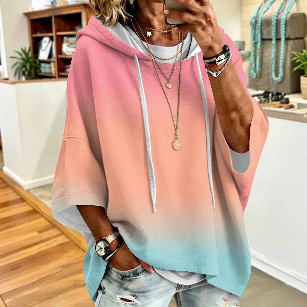 Women's Casual Hoodie with Drawstring Hood and Gradient Print - Oversized Long Sleeve Pullover Top