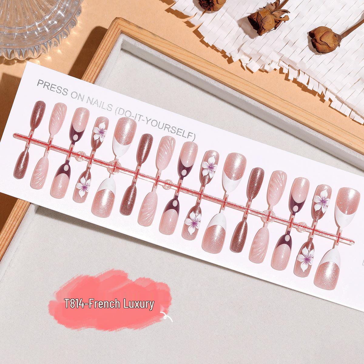 T814 French Luxury Almond Cat Eye Press-on Nails with 3D Hand-painted Floral Design