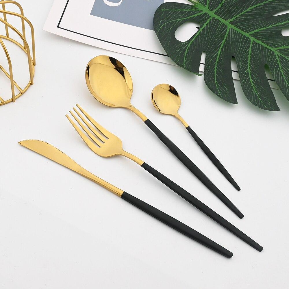 24Pcs Tableware Set Stainless Steel Dinnerware Knife Fork Spoon Dinner Flatware Kitchen Colorful Elegant Black Gold Cutlery Set
