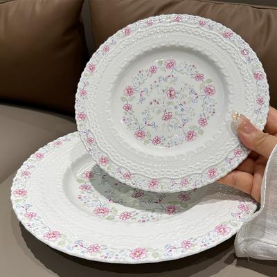 French Style Relief Dessert Plates 8 Inch Flower Pattern High Aesthetic Dinner Tableware Floral Shape Exquisite Ceramic Dish