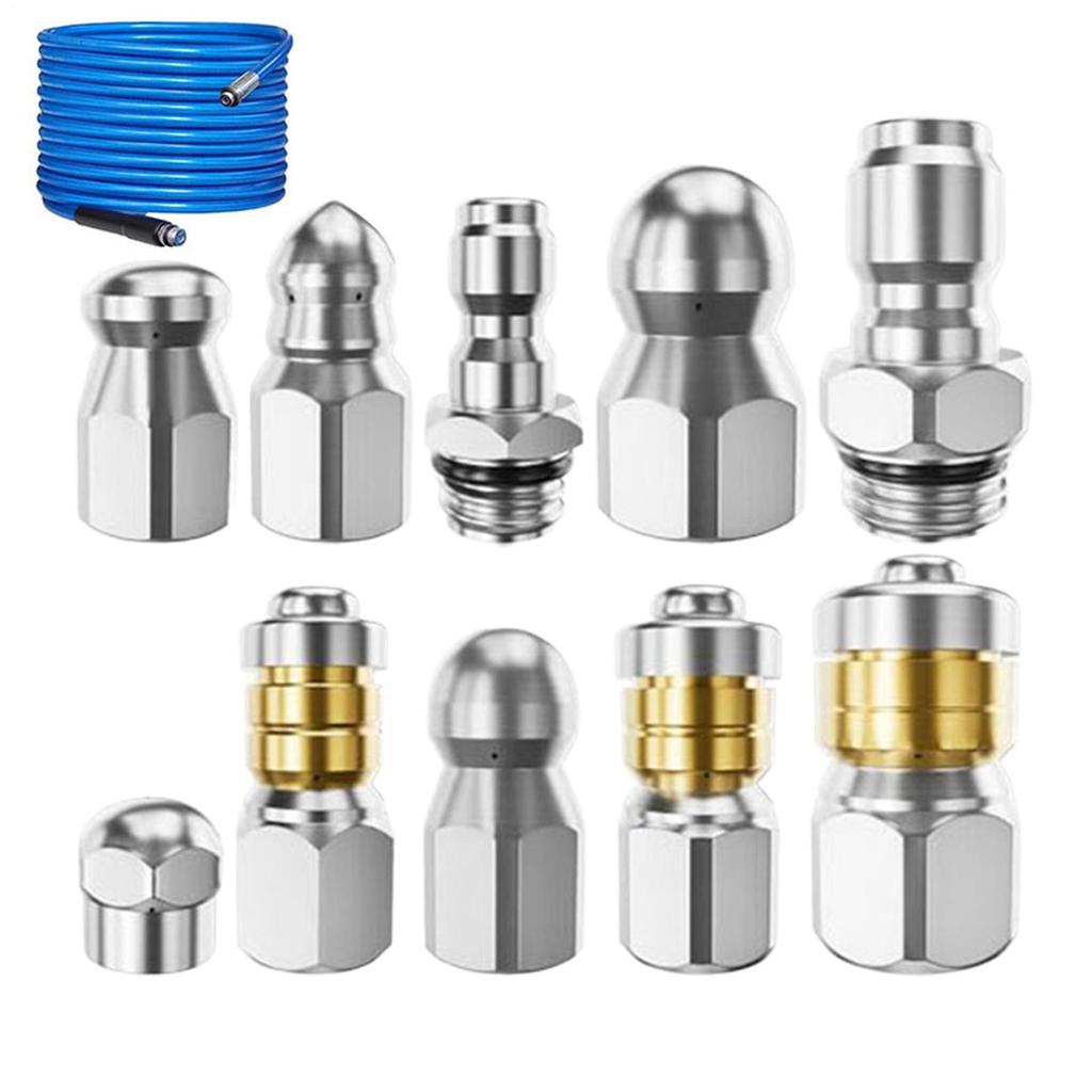 Sewer Jetter Nozzle with 1/4" 3/8" Connectors Stainless Steel Tips 10-Piece Clean Nozzle for Pressure Washer for Home Parking