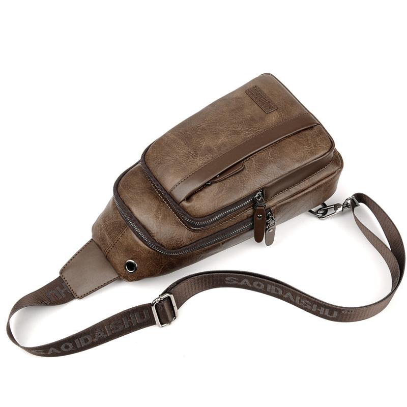 Men's Outdoor USB Chest Bag Crossbody Bag Retro PU Shoulder Bag