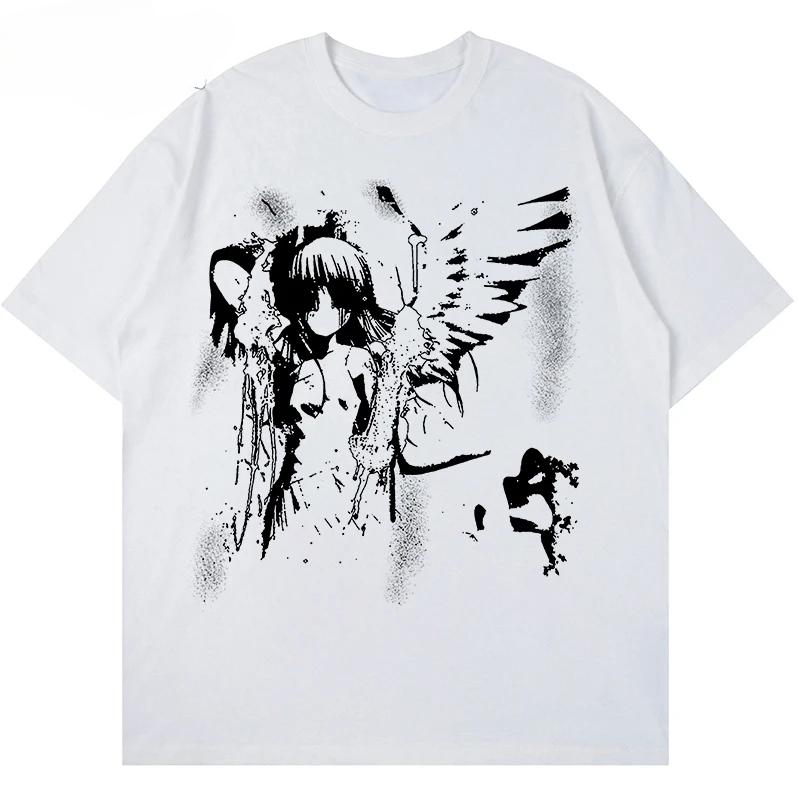 Harajuku Goth Men Anime Japanese Comics T-Shirt Angel Wings T-Shirt Graphic 2025 Hipster Cotton Y2K T-Shirt and Streetwear Tees