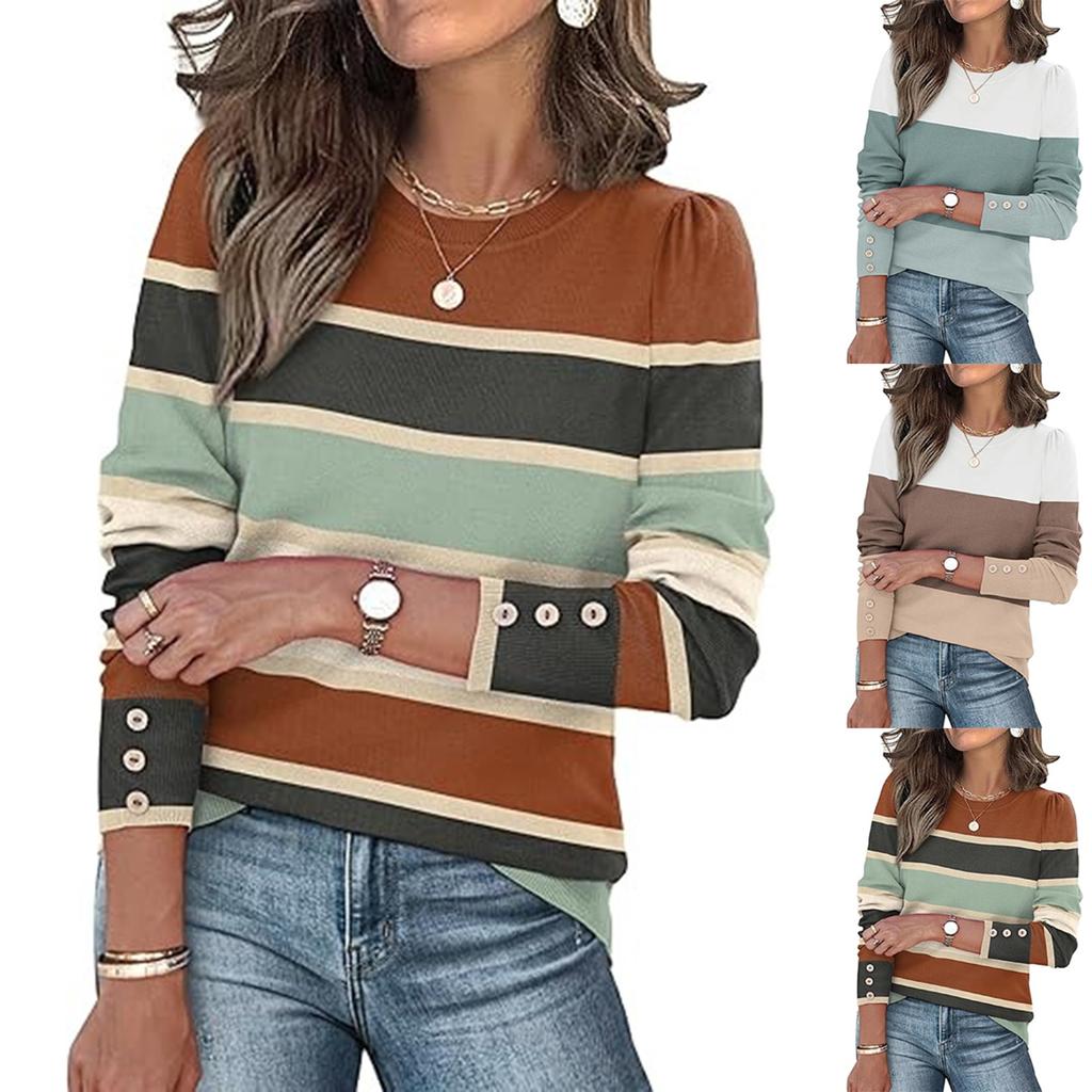 Women's Color Blocked Button Round Neck Long Sleeved Loose Fitting Pullover Top