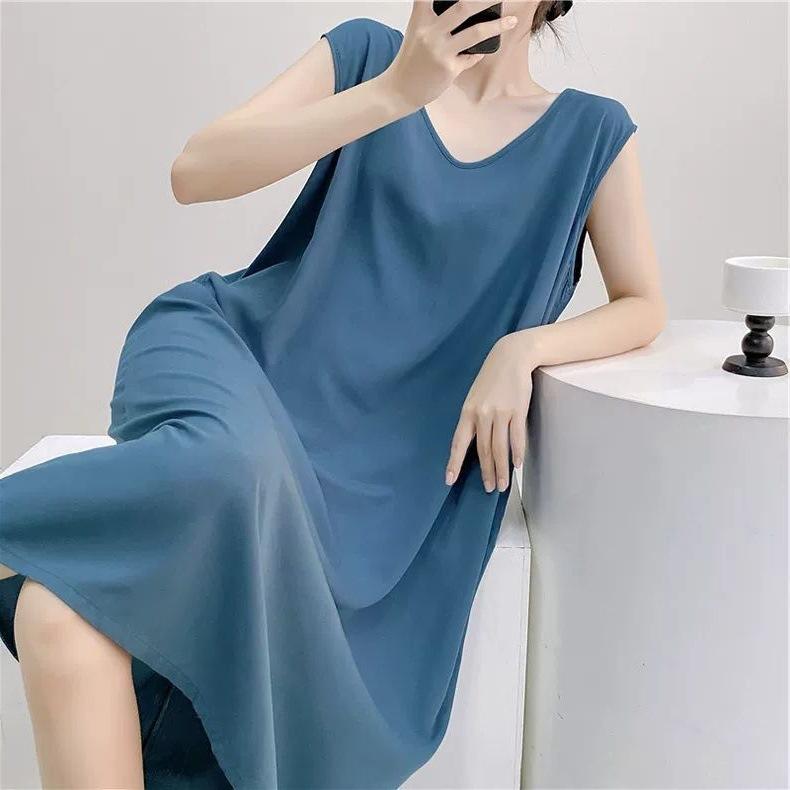 Large Size Loose Long Nightgown Simple Lazy Style Printed Sleeveless Tank Dress Sexy V-Neck V-Back Home Clothes Loungewear