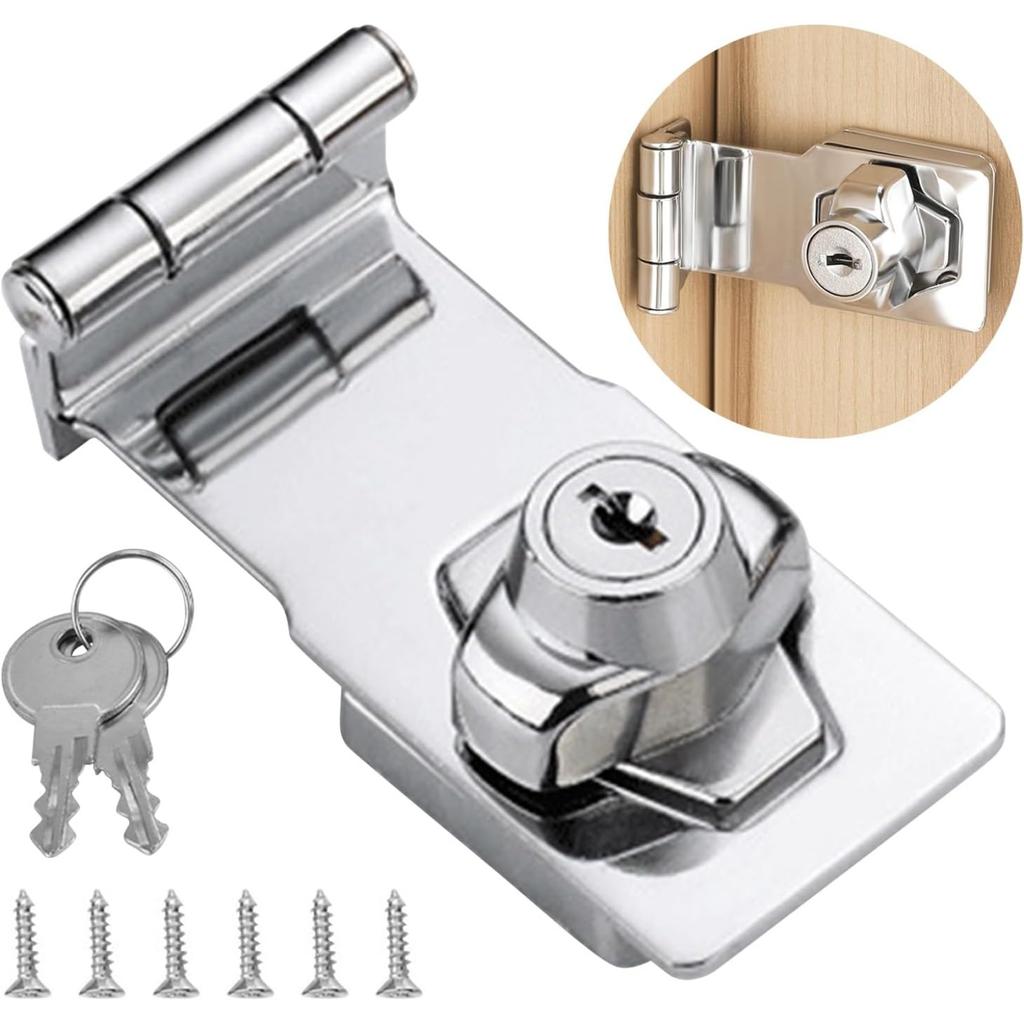 EMVANV Keyed Hasp Lock, 90 Degrees Lock Hasp T-wist Knob Keyed Locking Hasp Safety Door Clasp for Small Doors Drawer and Cabinets(Silver)