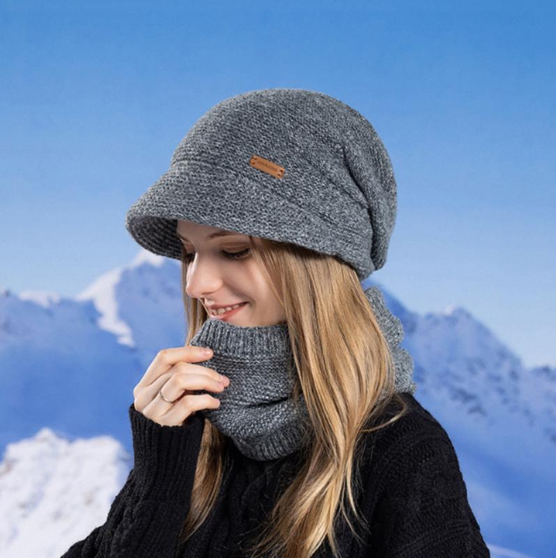 Conjunto de gorros cálidos, bufanda y gorro de invierno, gorro de punto cálido con protección contra el frío de terciopelo, conjunto de gorros de punto para mujer
