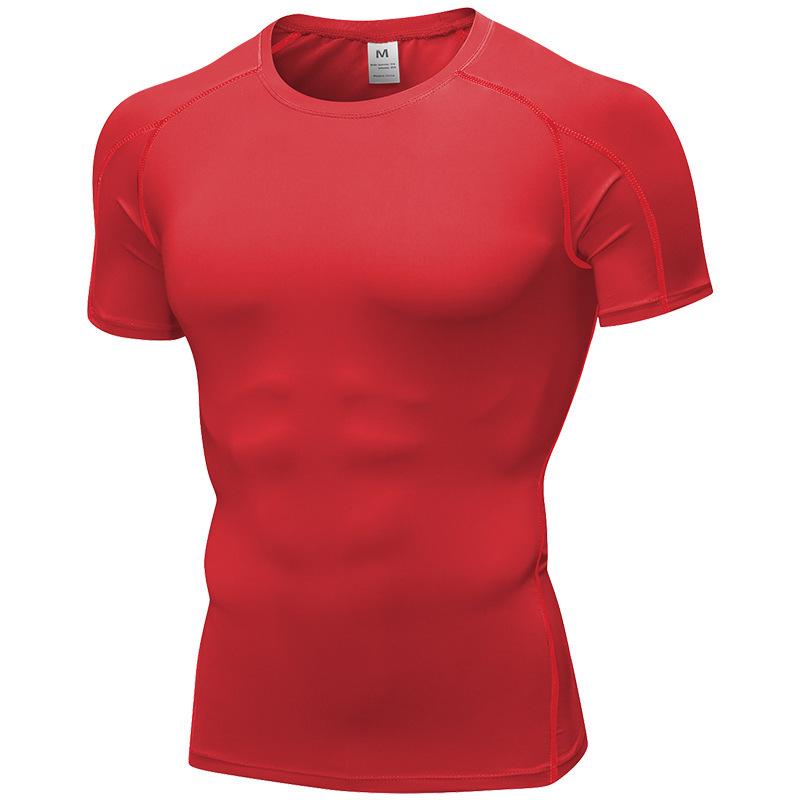 Men Gym Workout Short Sleeve Compression Shirt Tight Fit Quick Dry Athletic Top Black Red