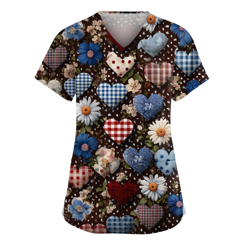 Damenmode V-Ausschnitt Kurzarm Overalls mit Taschen Print Tops Kleidung