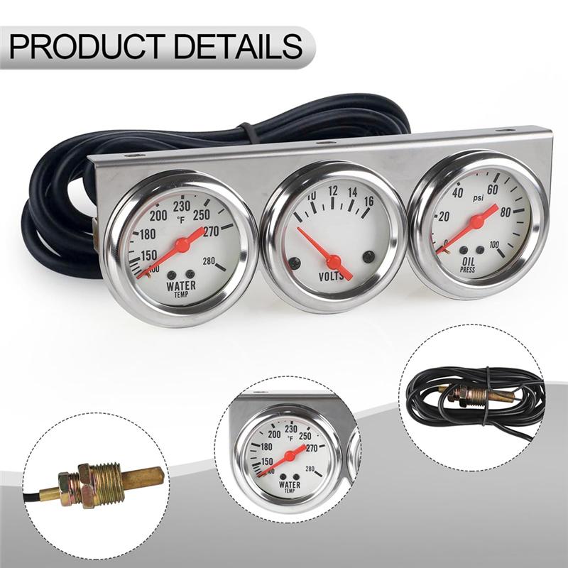 NEW-Triple Gauge Kit Oil/Volt/Water Gauge 2 Inch Chrome Oil Temp Water Temp Gauge Temperature Oil Pressure Voltage Gauge