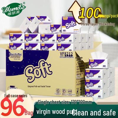 Wei Yi Mei 3-Ply Facial Tissues, 96 Packs of 100 Sheets Each, Thickened for Hotels
