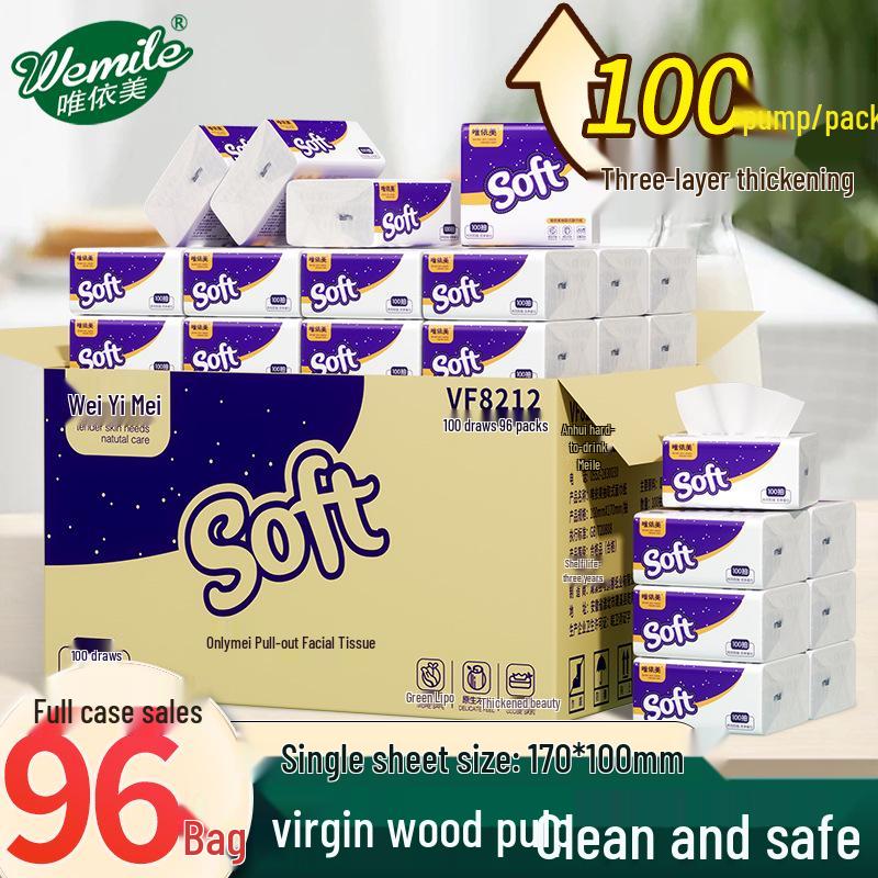 Wei Yi Mei 3-Ply Facial Tissues, 96 Packs of 100 Sheets each, Thickened for Hotels