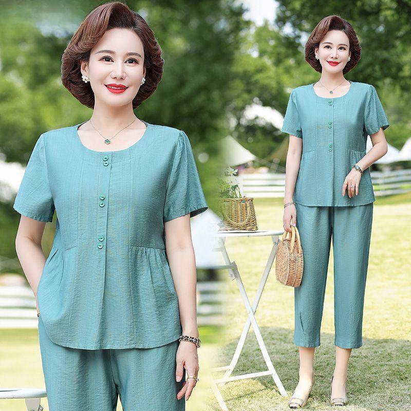 Summer Loose Fit Cotton Linen Two Piece Set for Middle Aged Women Slimming Casual Outfit