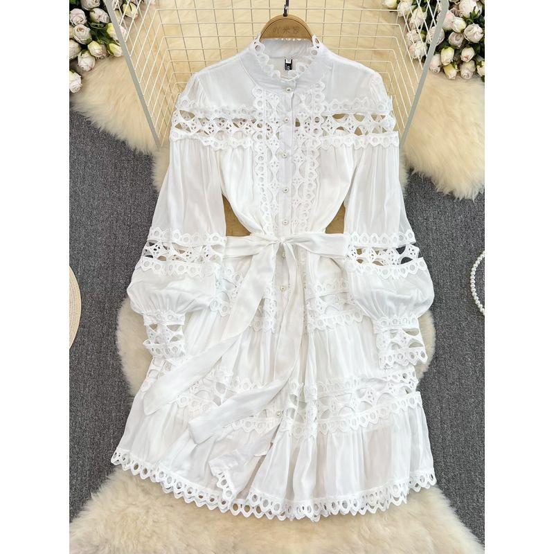 2024 Spring and Autumn Vintage Court Style Elegant Lantern Long Sleeve round Neck Hollow out Stitching Single-Breasted A- line Dress
