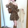Spring 2026 French Retro Plaid One-Shoulder Ruffle Dress with Irregular Hem