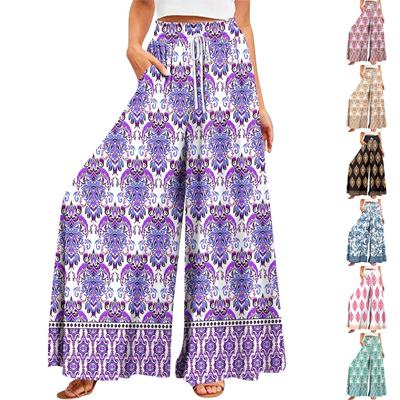 Damen Sommerhose mit weitem Bein, hoher Taille, fließende Taschen, modisch, lässig, lässig, Bohemian-Stil, bedruckt, Strandhose