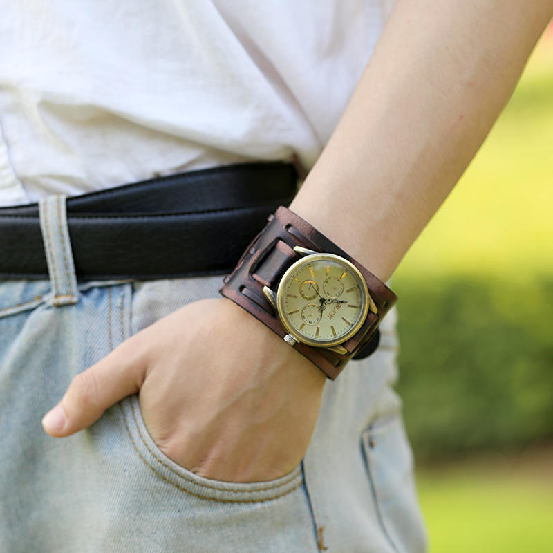Wide Leather Punk Men's Watch Bracelet European and American Fashion Accessories Retro Woven Leather Bracelet Watch