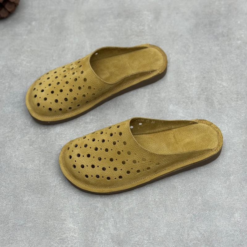 Johnature Handmade Cowhide Slippers Round Toe Flat Hollow-out Breathable Genuine Leather Slides