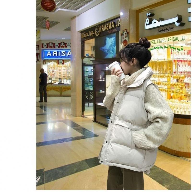 

Хлопковый короткий пуховый жилет - Осень/Зима Корейский стиль Женский Универсальный Свободный крой 2XL【72.5-82.5kg】 слоновая кость