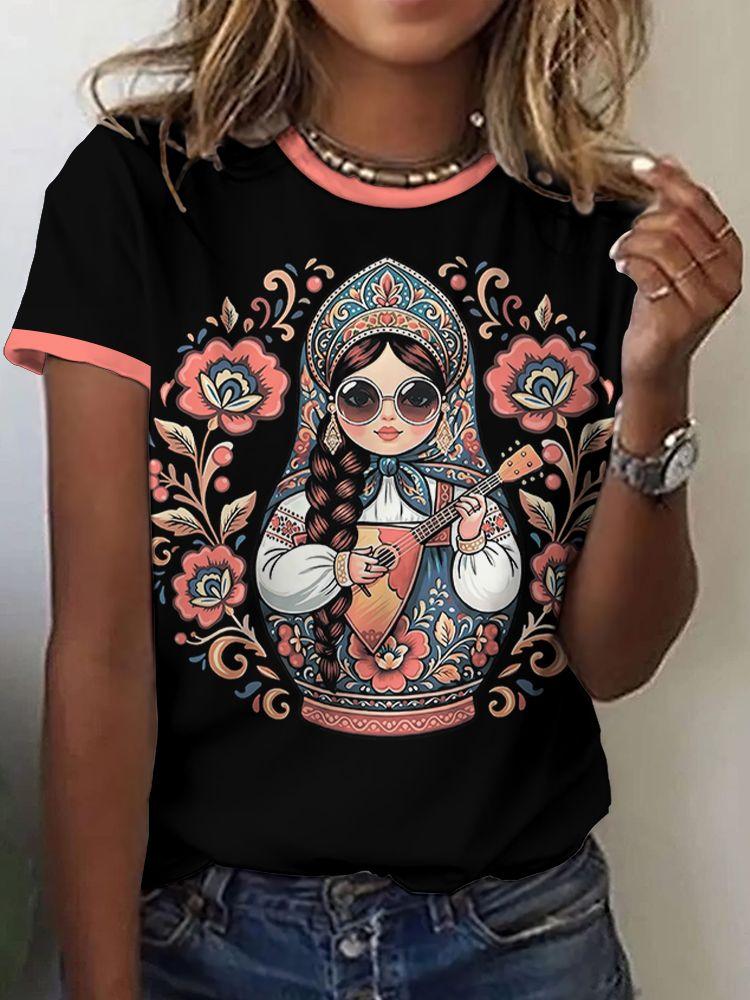 Matryoshka doll 3D print women's round neck short-sleeved T-shirt, Harajuku style top, women's clothing