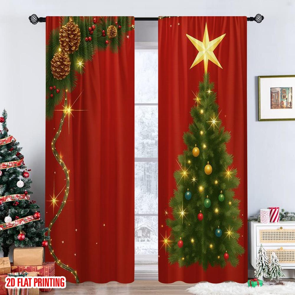 Flat Printing Popular Christmas Curtains Tree Gifts Digital Printed Polyester Drapes Holiday Decorations Set Of 2 Made