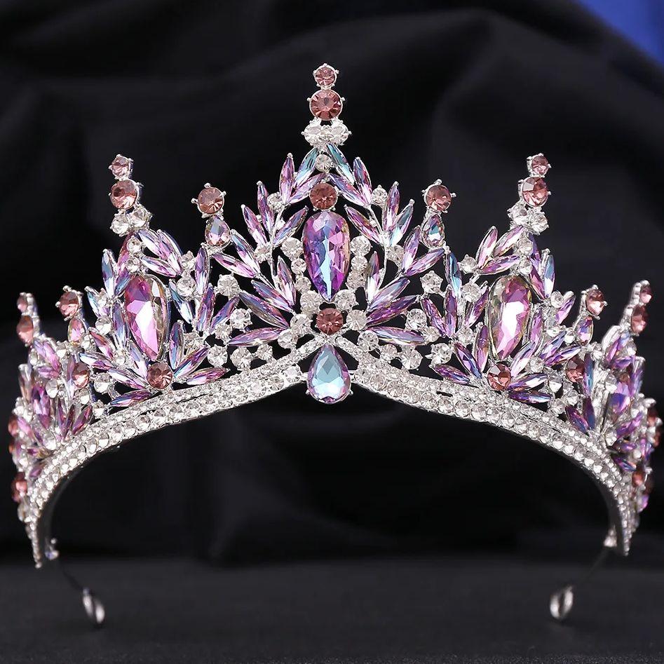 DIEZI Vintage Luxury Elegant 12 Colors AB Purple Crystal Girls Women Tiara For Wedding Party Crown Hair Dress Accessories