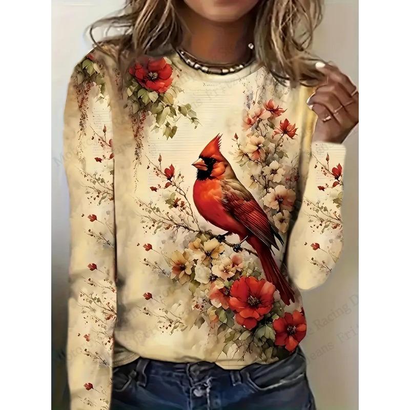 Bird Floral Patterns Graphic 3d Print T-Shirt Women Fashion Casual Oversized Long Sleeve T-shirt Women Clothing Flower Tops Tees