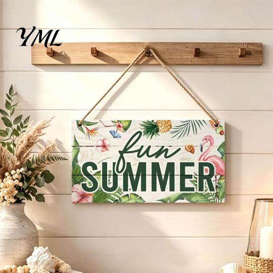 Beach House Wall Sign Summer Wooden Hanging Sign, Theme Welcome Front Door Decor with Themed Gifts Rope, Colorful Hanger for Seasonal Farmhouse Floral