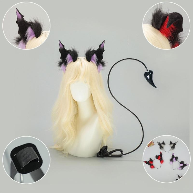 1Pc Faux Furs Bat Ears Headband Hairband Devil Tail Demons Costume Accessories for Carnival Halloween Cosplay Party Props