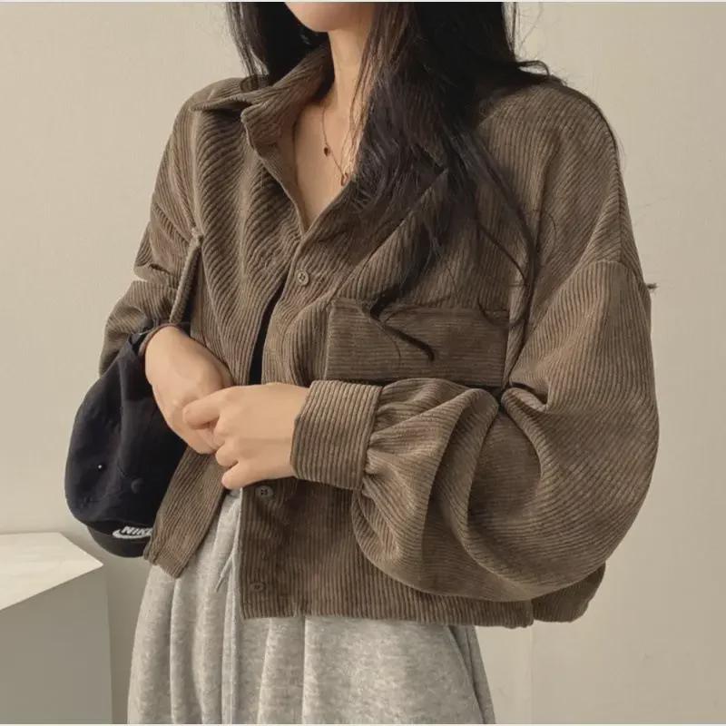 Chaqueta Camisera de Pana Retro de Manga Larga con Capas para Mujer - Serie Sal