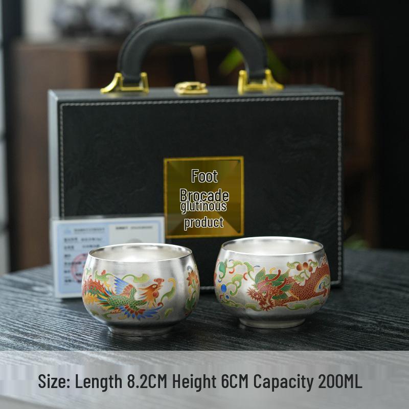 Silver Dragon & Phoenix Luohan Tea Cup: 999 Silver, Gilded, High-Grade Gift, Household Host's Cup