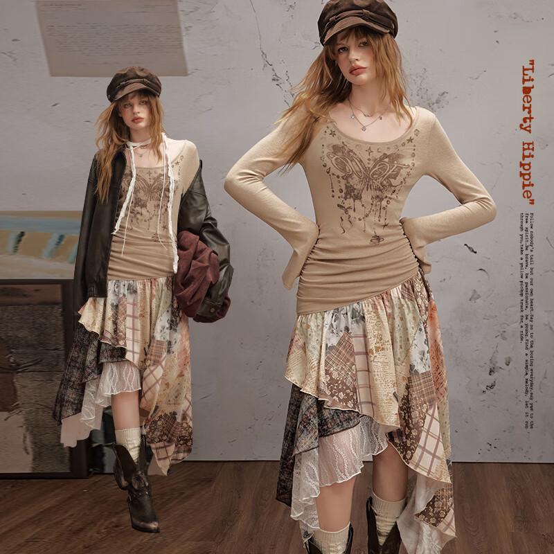 UNIFREE 2025 Fall Retro Print Patchwork Long Dress