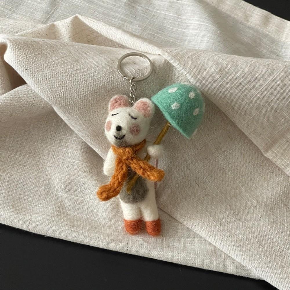 Mushroom Umbrella Wool Felt Animal Pendant Mountain Climbing Bear Fairy Tale Style Keychain  Couple