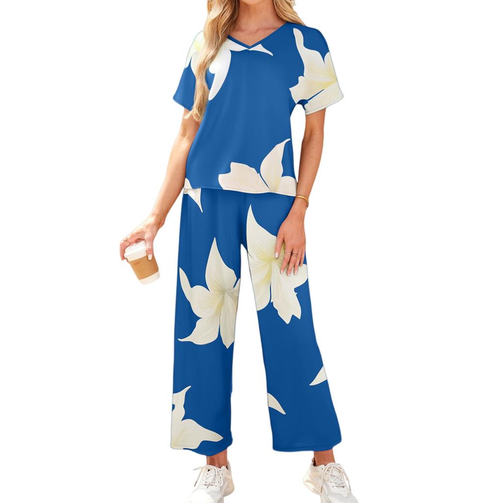 Women's Casual Vacation V-Neck Sleeve Top And Trousers Fashion Print Two Piece Set