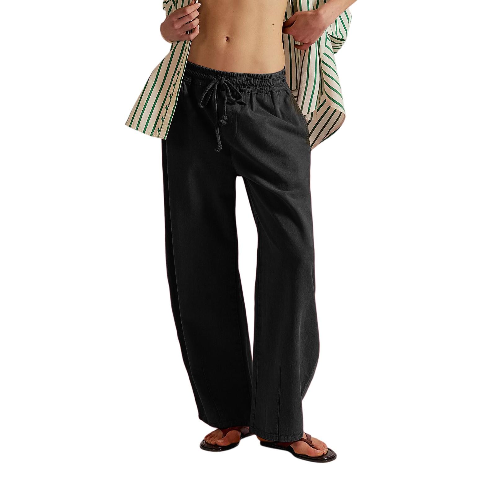 

Women s Casual Fashion Solid Color Elastic Waist Drawstring Pockets Wide Leg Straight Pants L чёрный