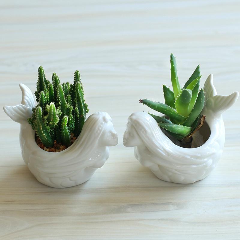 Tegneserie Søt Havfrue Keramisk Sukkulentpotte Hvit Blomsterpotte Planter Skrivebordspynt Kreativ Vase Hjemmedekor Plantepotte Hagedekorasjon