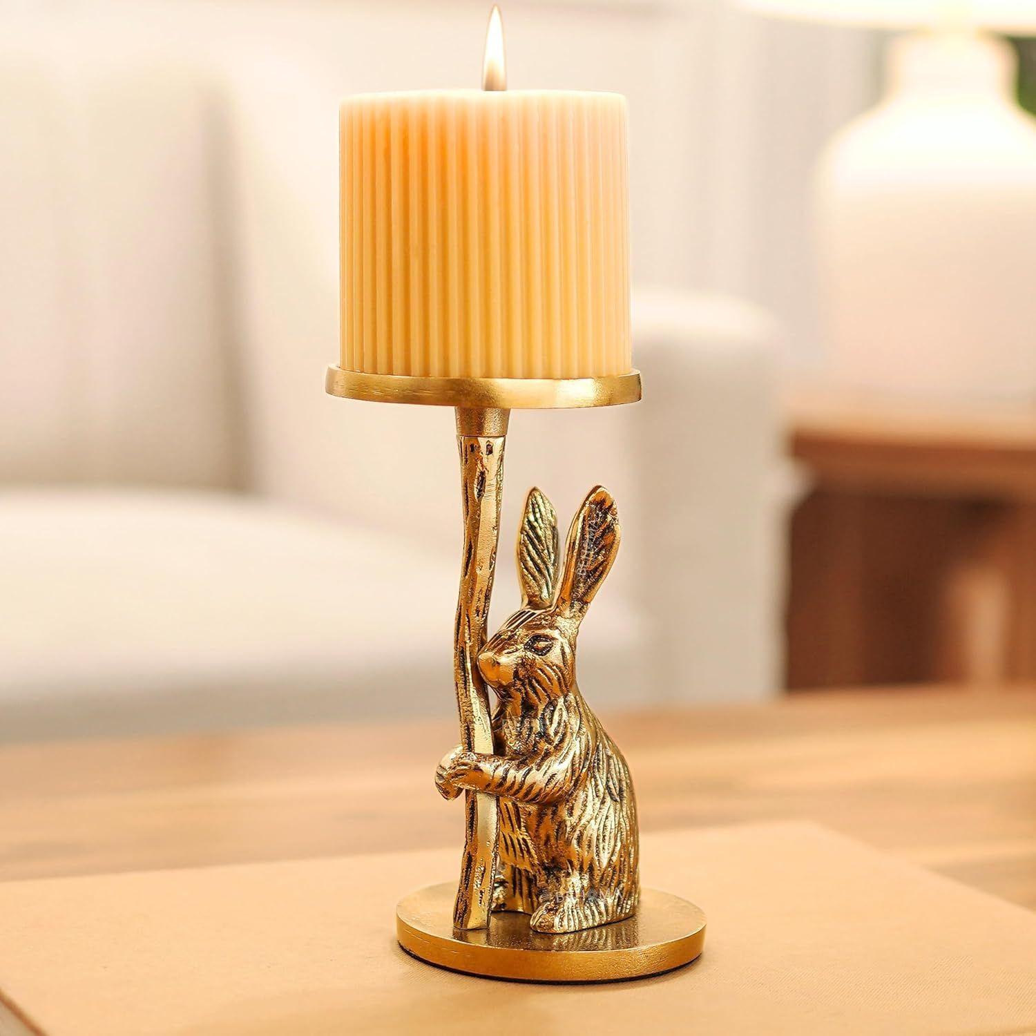 

Aluminium Rabbit Pillar Candle Holder Statue for Home Decor | Tabletop Showpiece for Christmas Decor (Candle Not Included)